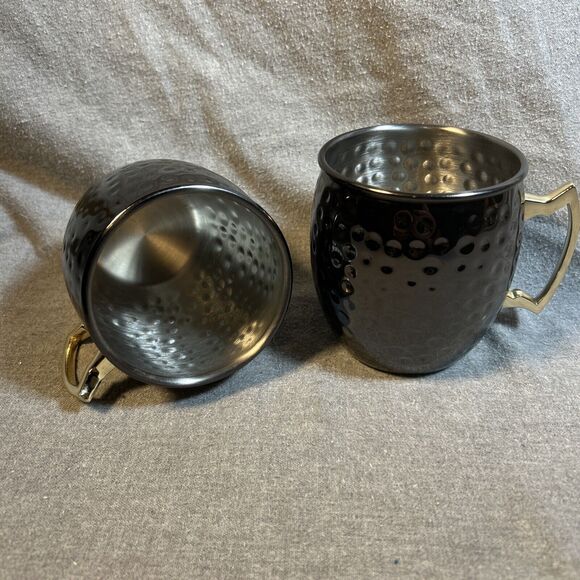PAIR OF HAMMERED STAINLESS STEEL MOSCOW MULE MUGS ECO ONE / SILVER ONE INTL. - Picture 1 of 8